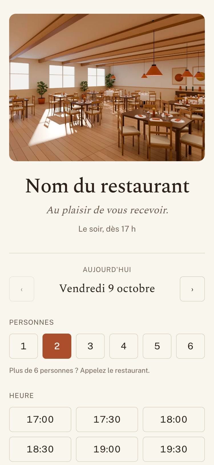 La page de réservation du restaurant, sur un téléphone